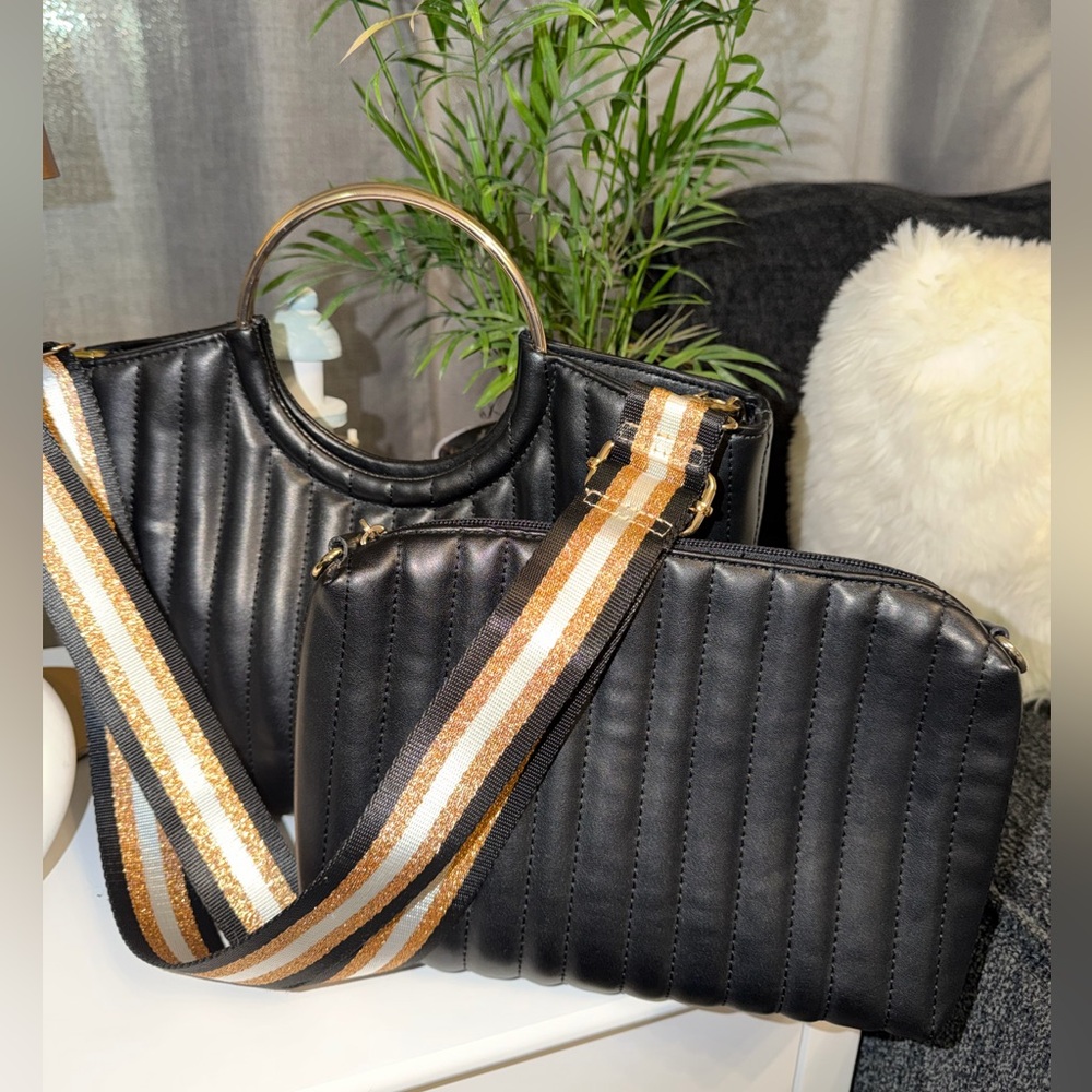 ALDO Black Quilted Set of 2 Shoulder Bag with Gold Details - Picture 13 of 16